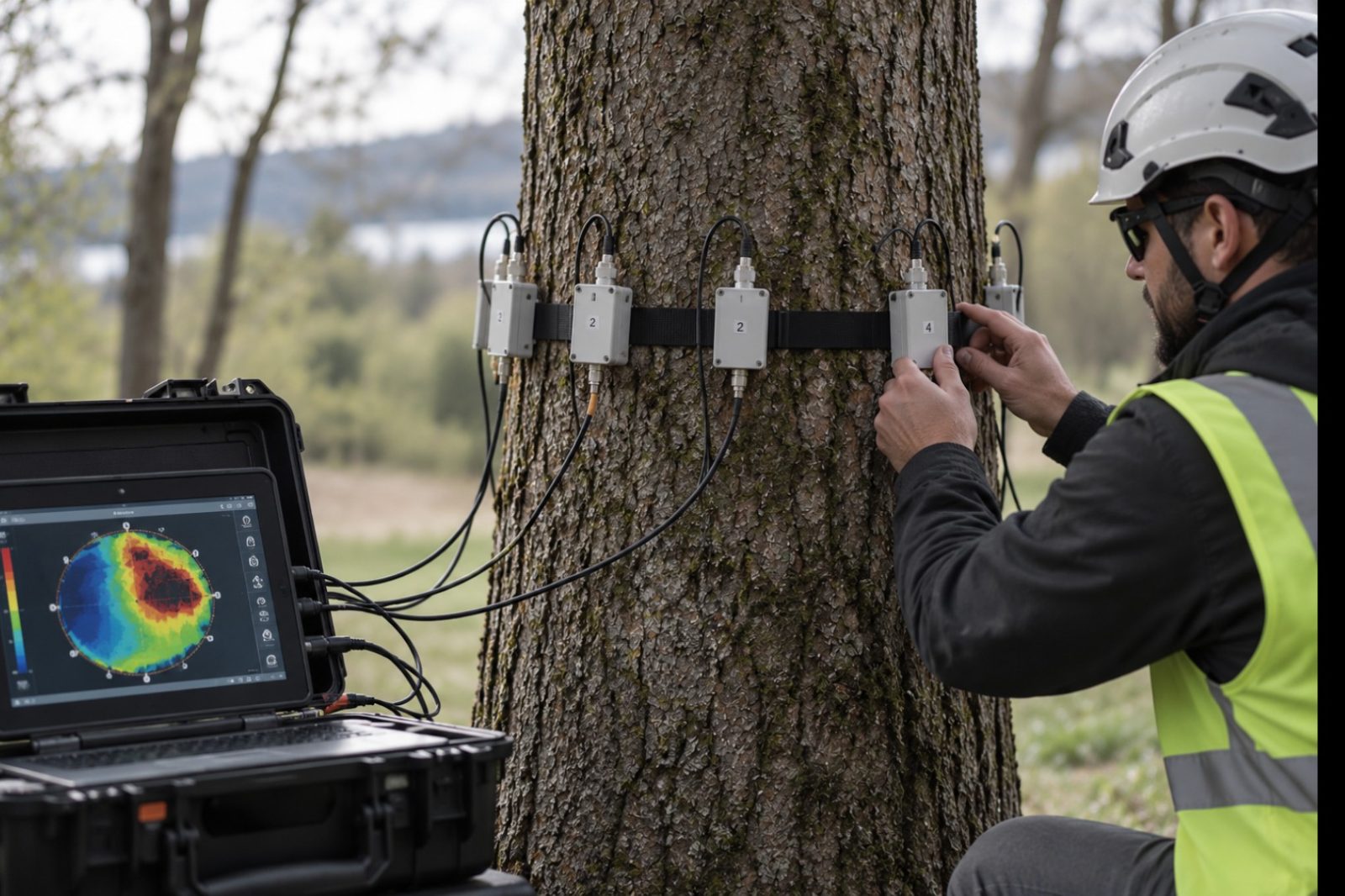 Sonic tomography sensors on a tree trunk with results on a laptop