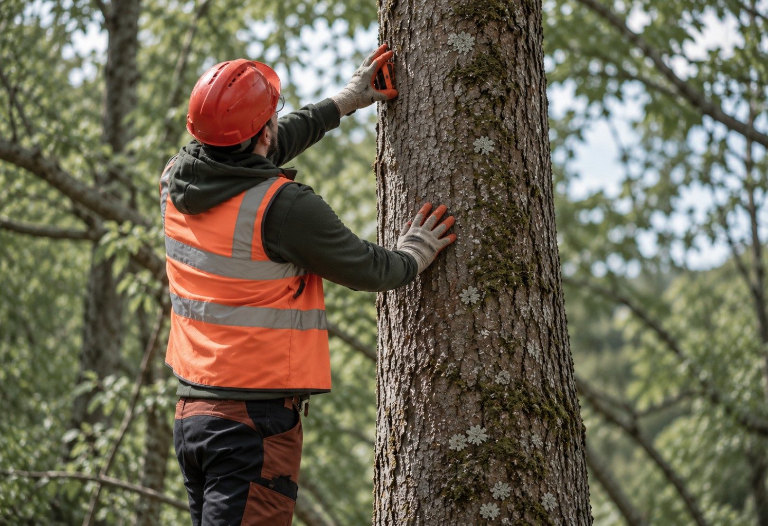 Arborist checking the trunk of a mature tree